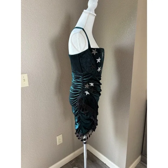 Emerald Green Velvet Star Sequin Ruched Mini Dress Halter Tassel Fringe - Picture 2 of 8